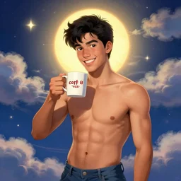 portrait of a ( ( ( una taza de cafe grande y red ) ) ), ( ( futuro hermoso joven caliente latino macho alegre sin camisa ) ), lleno de nubes y magia, el sol, concept character, by greg rutowski and tezuka and oi and mucha and bierstadt and remington, trending on artstation