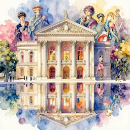 a beautiful insanely intricate watercolor illustration of modern opera, reflexions, colorfull, by william turner art, by greg rutkowski, by james jean, by rossdraws, by frank franzzeta, by sakimichan, by edmund dulac, trending on artstation, insanely detailed, masterpiece,