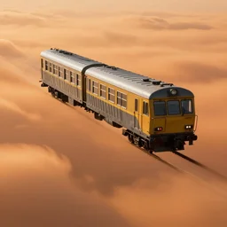 train vagon flying rhough the orange clouds