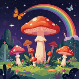 psychedelic mushrooms, enchanted cosmic forest, mushrooms on the ground, small fairies, stars in the sky, butterflies, rainbows, psychedelic, wide angle shot, vector art, fantasy poster by helen huang and frank frazetta and salvador dali - h 8 3 2