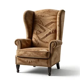 engraved wingback chair, stylized 3d render, isolated on a pure white background, centered, entire object in frame, sharp focus, soft studio lighting