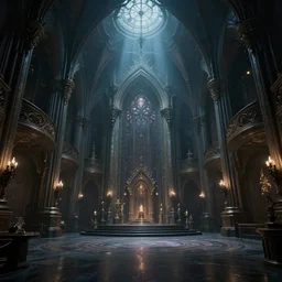 magical futuristic gothic interior, style of Anne Stokes, atmospheric, 4k, microdetails, wide perspective, grand composition, cinematic look, concept art, vray, dramatic