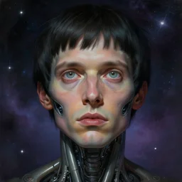 surreal portrait of a man by Greg Rutkowski and H.R Giger, symmetrical face, he is about 30 years old, short black hair with bangs, his features are a mix between French, Turkish and Russian, transformed into a kind of biomechanical transhuman god, uncany but fascinating, expression of epiphany and determination, cosmic void background, frightening, fascinating, highly detailed portrait, digital painting, book cover, artstation, concept art, smooth, sharp foccus ilustration, Artstation HQ