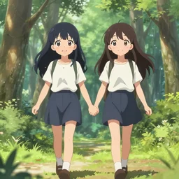 two cute girls walking through the forest while holding hands, anime key visual, trending on pixiv