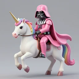 beautiful matte painting, rainbow colored pink pink darth vader wearing pink wearing pink, riding a unicorn, riding a unicorn, riding a one-horned unicorn over a glittering rainbow, in psychedelic space, by lisa frank and dan mumford, octane render, HDR, vivid color, volumetric lighting, unreal engine, concept art, CGsociety, trending on artstation