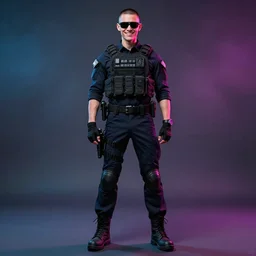 detailed character full body portrait of a skinny buzz undercut masculine androgynous handsome federal government agent smiling sunglasses tactical bulletproof kevlar on smoky neon background artgerm greg rutkowski mucha
