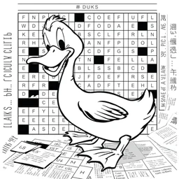 a duck completing a crossword puzzle in the style of a black and white newspaper comic