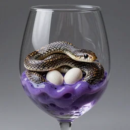 hyperrealistic and detailed snakes with eggs in purple slime inside a wine glass