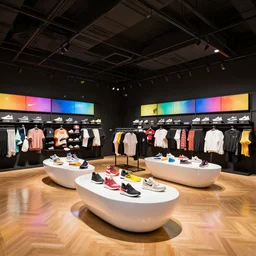 large nike boutique flagship retail. black walls. parquet floor. white curved corian display tables with colorful shoes and varied clothes. colorful digital screens on walls. low ceilings with rails and spots. ( plants ) muted colors. architectural photography, 8 k, realistic lighting, reflections, bloom, hyperdetailed environment, pbr materials.