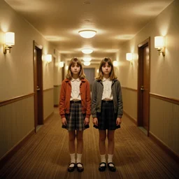 photorealistic ultra wide cinematography of twin girls standing side by side in stanley kubrick's 1 9 8 0 film the shining standing in a long hallway inside the overlook hotel starring right at the camera shot on 3 5 mm eastman 5 2 4 7 film by the shining cinematographer john alcott shot on a wide kinoptik tegea 9. 8 mm lens. with golden ratio composition