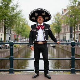 a Mexican man with a sombrero standing on a Bridge in Amsterdam