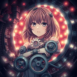 brutal illustration of anime girl being consumed by an endless spiral of gears and industrial lights, decimated by the machine, beautiful upper body shot, pretty face and eyes by davinci, pixiv contest winner
