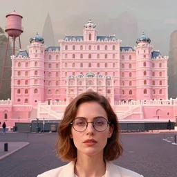 cinematic mid shot of a woman's face with round glasses in a pastel 3 d minimalist, street scene with water tower, by jeffrey smart and gregory crewdson and edward hopper, grand budapest hotel