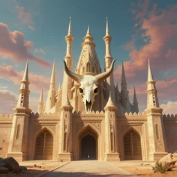 persian horned skull castle in the desert, pointy architecture, massive gates, detailed infrastructure by greg rutkowski and rodney matthews, artstation, perfect horizontal symmetry, extremely hyperdetailed, psychedelic atmosphere, clouds, photorealism, uhd