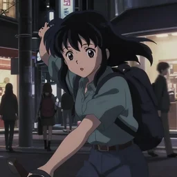 anime visual, dark portrait of a young female traveler in shibuya at night shopping exterior, low light, cute face by ilya kuvshinov, yoh yoshinari, makoto shinkai, dynamic pose, dynamic perspective, cel shaded, flat shading mucha, rounded eyes, moody, detailed facial features, haibane renmei