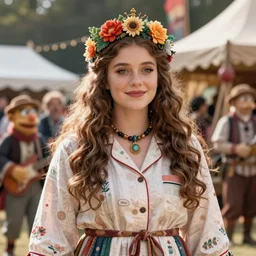 detailed ultrarealistic photography medium shot of dnd fantasy festival rustic robust young queen in muppet show pajama leyendecker, norman rockwell, greg rutkowski, artstation cinematic,