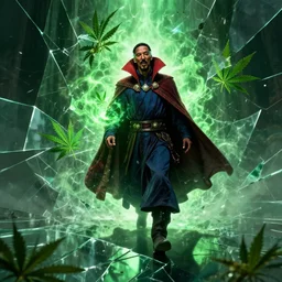 snoop dogg as doctor strange, long shadow, light colors, green magic, marijuana leaves, marijuana, by greg rutkowski, multiple dimensions, shattered glass, refractions, highly detailed, environmental light, cinematic by francis tnehunreal, octane render, nvidia, photorealistic fantasy concept art, trending on art station, stunning visuals, terrifying, creative, cinematic