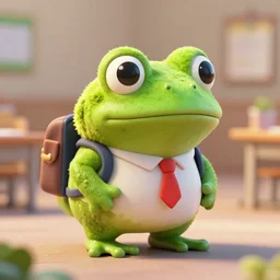 cute mossy tree frog going to school, octane render, cute