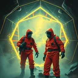 two scientists wearing red rick owens hazmat suits in a glowing geometric nebula wormhole tunnel by frank frazetta