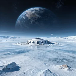 a space colony on a icy planet with a frozen lake in the middle