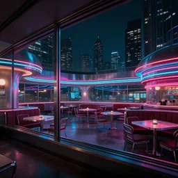 wide angle photo of 60‘s retro fancy restaurant interior, neon-decorated urban on night in the city seen through the window,modern interior design, architectural design, vintage, night blade runner, dark, postapocalyptic, clean lines, 4k, octane, colorful ,lunarcore city seen at distance outside, big windows,octane, wide angle
