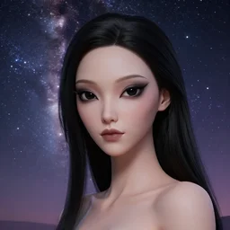 a photorealistic portrait, stunningly beautiful hyper detailed avatar alien girl, mysterious black eyes, professionally retouched, soft lighting, hyper realistic, small nose, pretty mouth, black hair, beautifully detailed colorful starry sky, wide angle, sharp focus, 8 k high definition, 6 4 megapixels, insanely detailed, stunningly beautiful