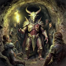 airbrush macro sewer camp baphomet orcus hybrid, full bodied shot, random animal | viscera as god |, carapace armor, claustrophobically crowded into a deep in sewer tunnel, chris foss, enric torres, wayne d barlowe, geof darrow, alberto bontempi, feng zu hyper realism, torch light, muted horror of puce lime