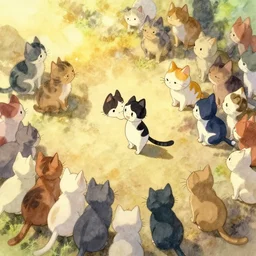 a cat speaking to a crowd of cats, by studio ghibli, by lisa frank 8 k pastel colours, isometric, six point perspective, drone shot, smeared watercolours, golden light, film grain