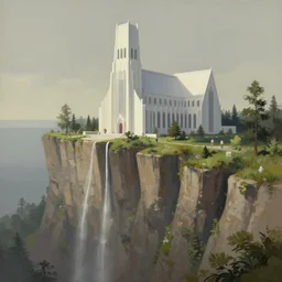 Stunning Charles Sheer painting of an overgrown sanctuary next to a white brutalist cathedral on the edge of a cliff, flying buttresses hanging over the cliffside, muted colours, TF2 screenshot colour palette