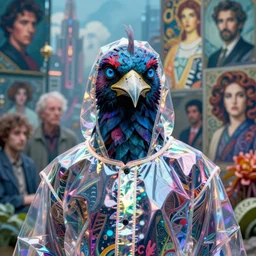 realistic detailed portrait movie shot of a birdman wearing reflective transparent robes, sci fi city landscape background by denis villeneuve, amano, yves tanguy, alphonse mucha, ernst haeckel, max ernst, roger dean, masterpiece, rich moody colours, blue eyes