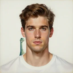 a handsome man. he is a dino man, a dinosaur themed superhero. clean elegant painting, beautiful detailed face. by artgerm and greg rutkowski and alphonse mucha