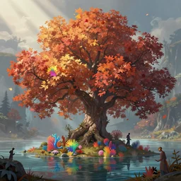 a cherry tree autumn forest under water in horizon zero dawn 2, rainbow corals, rainbow foliage, god rays, d & d, fantasy, intricate, elegant, highly detailed, digital painting, artstation, concept art, matte, sharp focus, illustration, hearthstone, art by bouguereau and greg rutkowski and ruan jia and conrad roset and bierstadt.