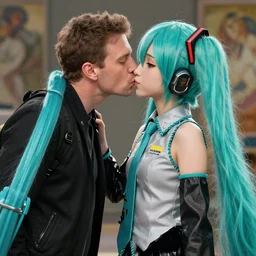 gabe newell kissing hatsune miku, highly detailed, professional digital painting, unreal engine 5, photorealism, hd quality, 8 k resolution, cinema 4 d, 3 d, cinematic, art by artgerm and greg rutkowski and alphonse mucha and loish and wlop