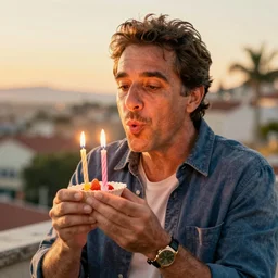 an incredibly attractive middle - aged man called miguel schneider happily blowing birthday candles, golden hour, cinematic 3 5 mm realistic, vibrant watercolor