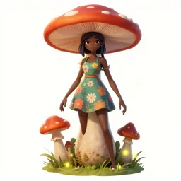 a dark skinned anthro mushroom woman with long arms and long legs wearing a floral dress, fireflies, vivid colours, ultra realistic,, cg society contest winner, behance contest winner, artstation, 4 k uhd art, unreal engine 5