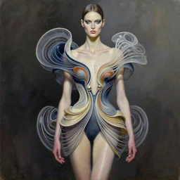an intricate realistic oil painting of a fashion model wearing avant garde high fashion by alexander mcqueen, clothing by iris van herpen, by tom bagshaw, by karol bak