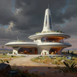 concept art of jetsons cartoon scenario of a futuristic house, painted by syd mead