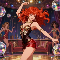 a beautiful dancer with red hair in 1970's fashion, in disco room, intricate, highly detailed, digital painting, artstation, official media, anime key visual, concept art, rich vivid colors, ambient lighting, sharp focus, illustration, art by Ayami Kojima and alphonse mucha