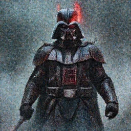 extremely detailed depiction of rogue Darth Vader with a blood smeared mask, assassin, tattered, battered, glowing crimson head, crimson fire head, Ultron, fantasy art, fog, cinematic pose, 8k, villain