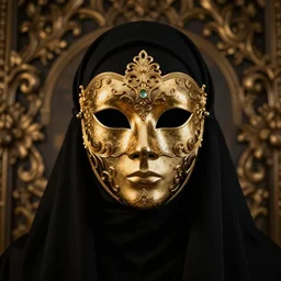 black decadent hood, gold intricately detailed ornate metal mask, ornate background, portrait, realism, cinematic lighting, specular lighting, 8 k, artstation, octane render, peter mohrbacher, alfonso mucha, zdzisław beksinski
