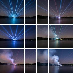 collage, lasers and smoke over a lake in the nightime
