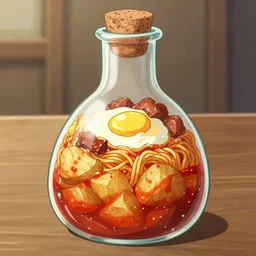 art anime food in a flask with a cork inside a glass cone, spicy, noodles, egg, paprika, potatoes, meat, cooked, hot sauce