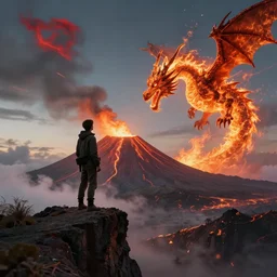 a man in a volcano standing on a cliff staring at a dragon made out of fire, 8 k resolution, photograph, trending on art station.
