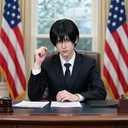 a person cosplaying griffith from berserk manga by kentaro miura sitting at oval office desk with american flag