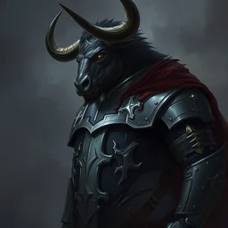 minotaur wearing medieval suit of armor, illustration, concept art, art by wlop, dark, moody, dramatic
