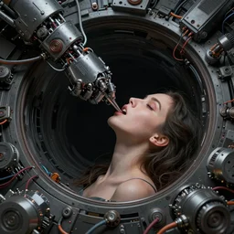 beauty woman being sucked into a blackhole, time warping, very detailed, dramatic lighting, mechanical details, electrical details, high details, 4k, 8k, trending on artstation, by Hajime Sorayama and Boris Vallejo