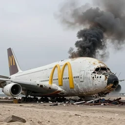 a derelict immense mcdonald's airbus a 3 8 0 with yellow golden arches logo and tall smoke stacks crashed and broken on the beach, fast food restaurant color scheme, thick black smoke billowing, overcast, dystopian, bad vibes, photorealistic, sharp focus, hyper detailed, octane render
