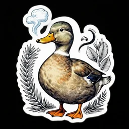 a sticker illustration of a smoking duck in lowbrow art style, highly detailed, elegant, intricate