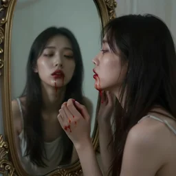 lucid dreaming of a faceless girl bleeding into a mirror, photorealistic, hyperdetailed,