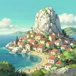 pixar 3D render, by studio ghibli, (french bande dessinée), solarpunk, year 1244, fantasy setting, jrpg, mediterranean landscape, quaint old village, cinq terre, highly detailed, luminous, white rock, bright beautiful teal sky and sea, very sunny, light radiosity, concept art